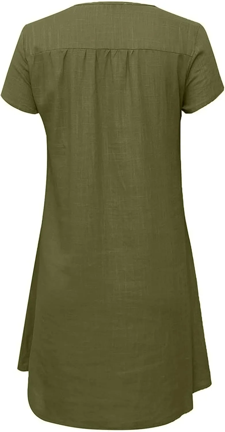Ceboyel Women Cotton Linen Short Dress Summer Shirt Dress V Neck Short Sleeve Beach Dresses Boho Ladies Clothing 2023