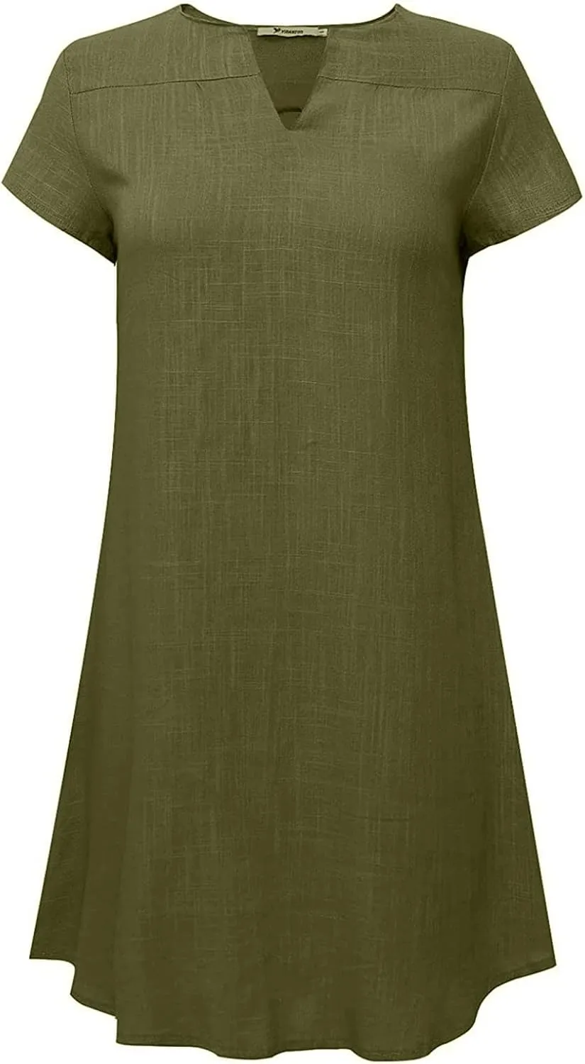 Ceboyel Women Cotton Linen Short Dress Summer Shirt Dress V Neck Short Sleeve Beach Dresses Boho Ladies Clothing 2023