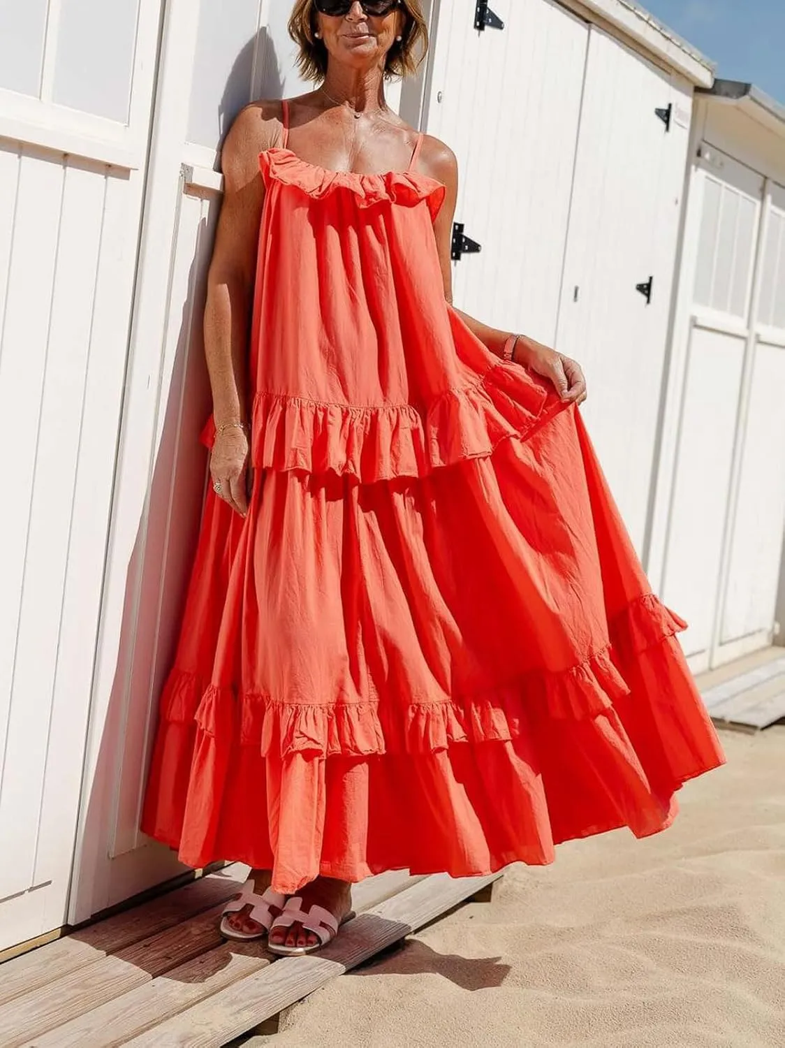 CHARTOU Women's Ruffle Maxi Beach Dress Flowy Long Sleeveless Tiered Lace Up Spaghetti Strap Summer Sundress