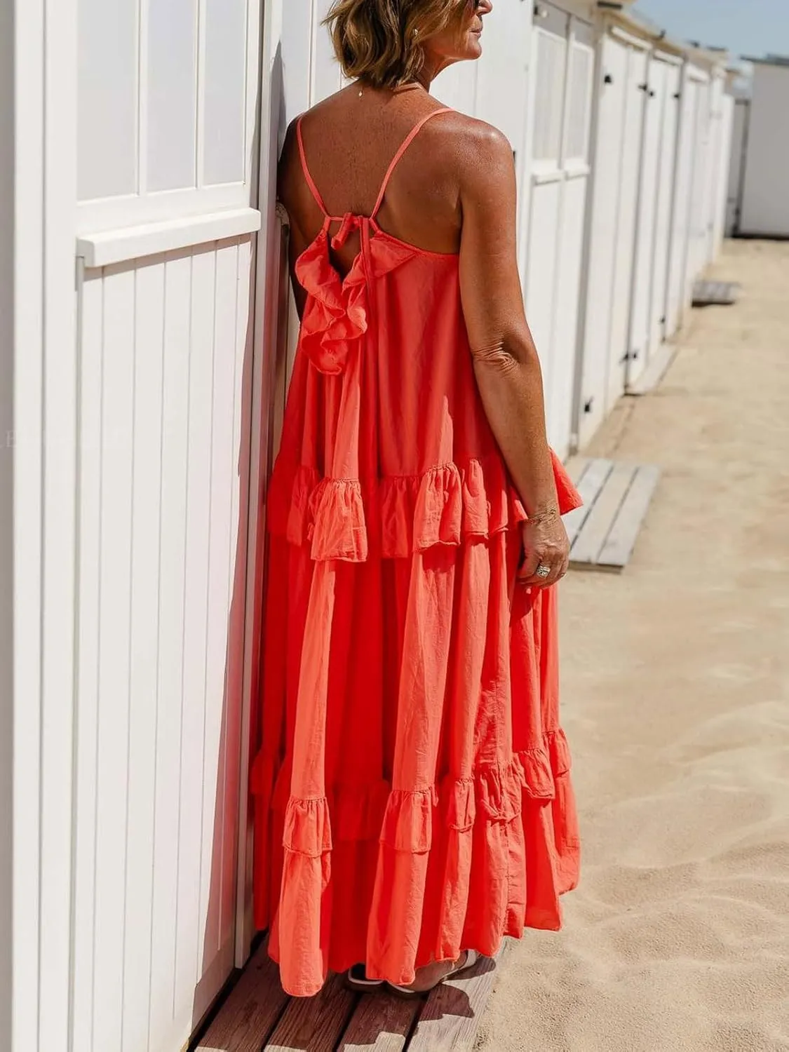 CHARTOU Women's Ruffle Maxi Beach Dress Flowy Long Sleeveless Tiered Lace Up Spaghetti Strap Summer Sundress