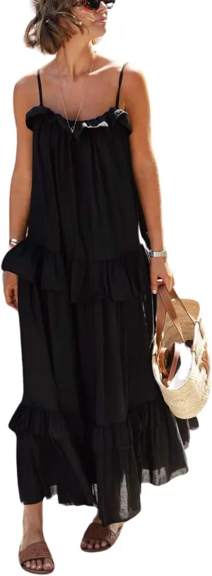 CHARTOU Women's Ruffle Maxi Beach Dress Flowy Long Sleeveless Tiered Lace Up Spaghetti Strap Summer Sundress