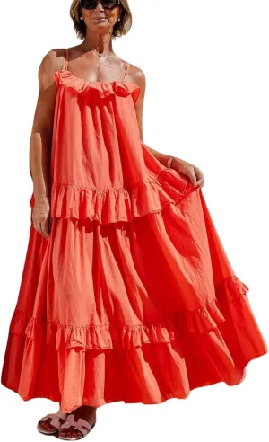 CHARTOU Women's Ruffle Maxi Beach Dress Flowy Long Sleeveless Tiered Lace Up Spaghetti Strap Summer Sundress