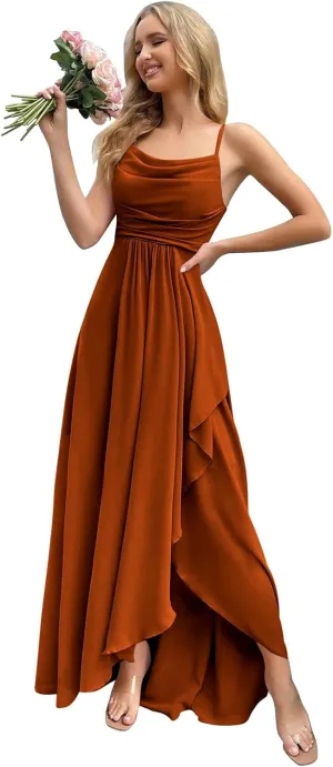 Chiffon Bridesmaid Dresses for Women Spaghetti Straps A Line Ruffles Long Evening Gowns with Slit