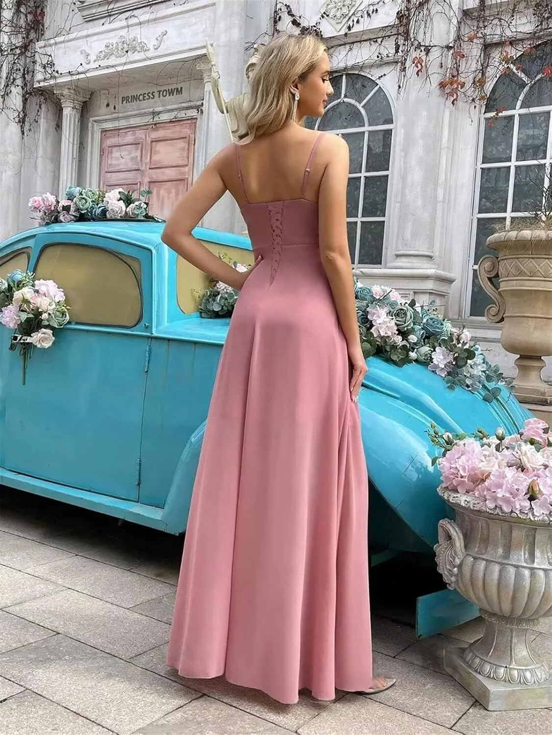 Chiffon Bridesmaid Dresses for Women Spaghetti Straps A Line Ruffles Long Evening Gowns with Slit