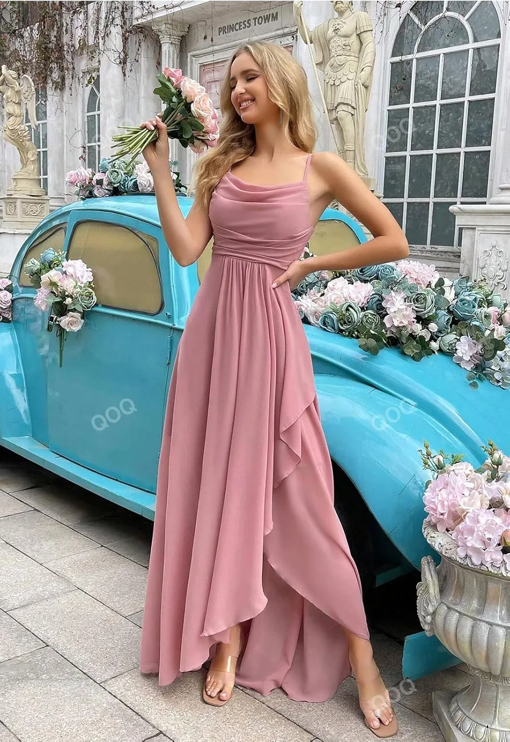 Chiffon Bridesmaid Dresses for Women Spaghetti Straps A Line Ruffles Long Evening Gowns with Slit