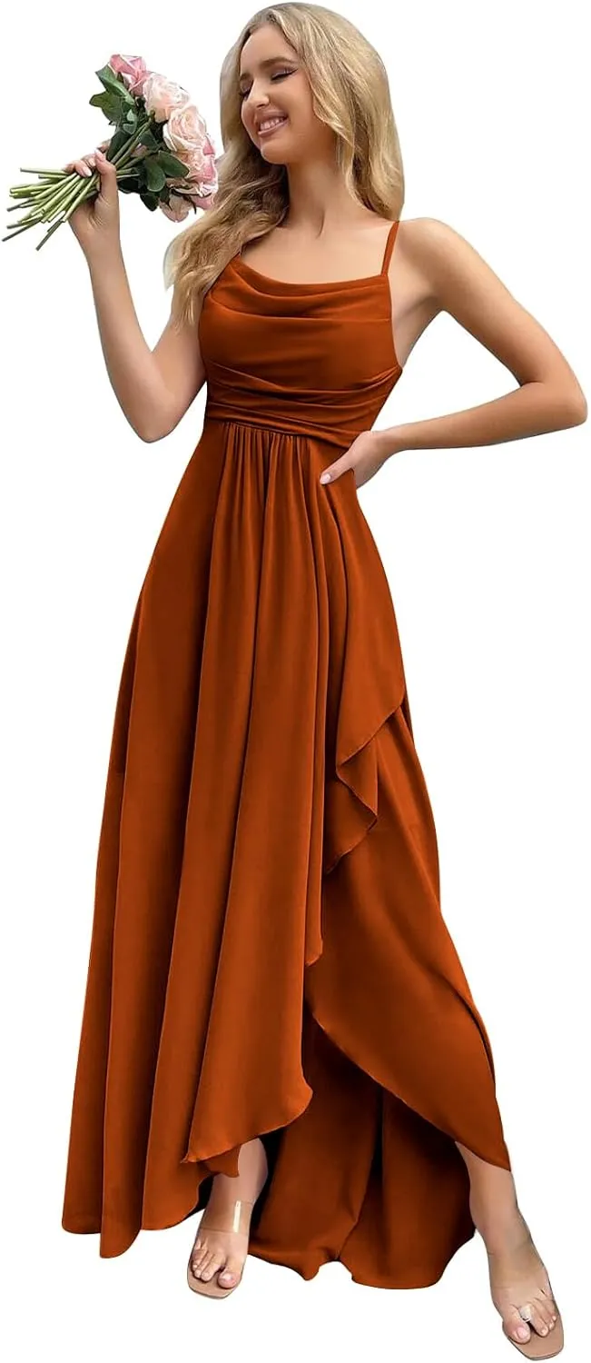Chiffon Bridesmaid Dresses for Women Spaghetti Straps A Line Ruffles Long Evening Gowns with Slit