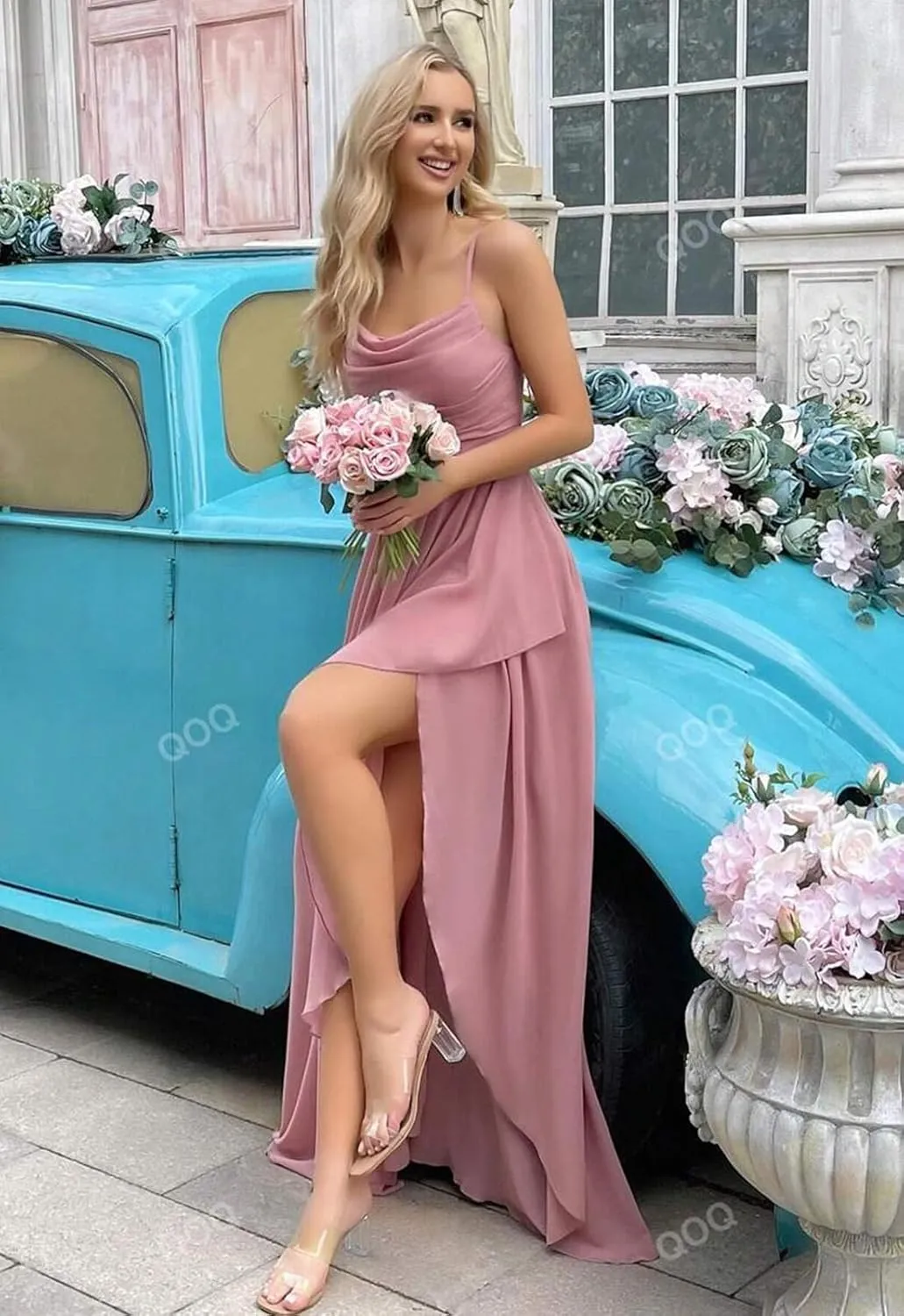 Chiffon Bridesmaid Dresses for Women Spaghetti Straps A Line Ruffles Long Evening Gowns with Slit