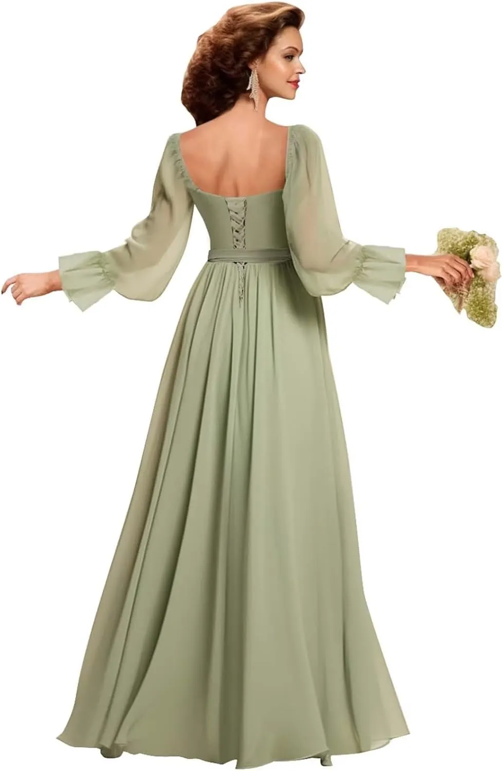 Chiffon Bridesmaid Dresses for Women with Long Sleeves Slit Sweetheart Ruched Evening Gown