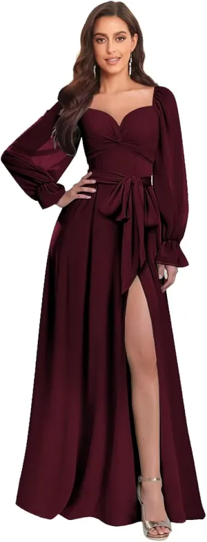 Chiffon Bridesmaid Dresses for Women with Long Sleeves Slit Sweetheart Ruched Evening Gown