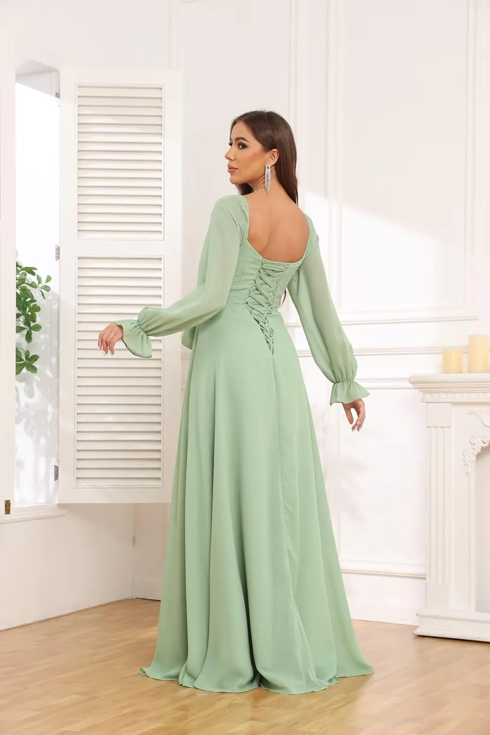 Chiffon Bridesmaid Dresses for Women with Long Sleeves Slit Sweetheart Ruched Evening Gown