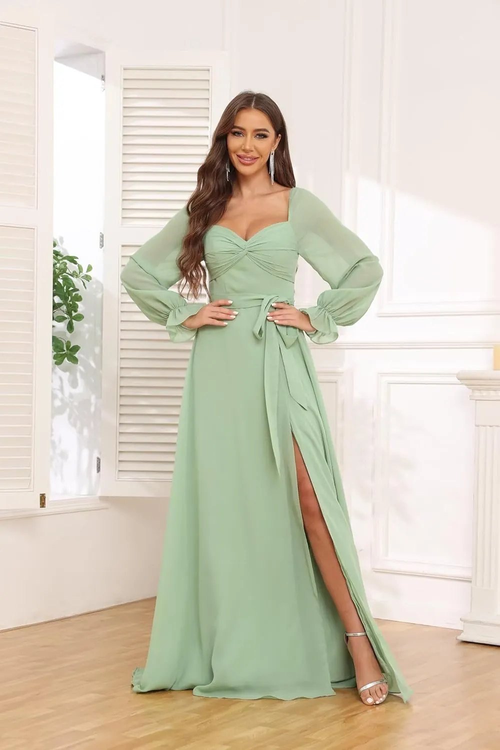 Chiffon Bridesmaid Dresses for Women with Long Sleeves Slit Sweetheart Ruched Evening Gown