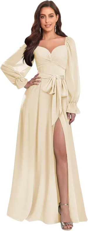 Chiffon Bridesmaid Dresses for Women with Long Sleeves Slit Sweetheart Ruched Evening Gown