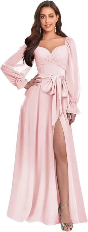 Chiffon Bridesmaid Dresses for Women with Long Sleeves Slit Sweetheart Ruched Evening Gown