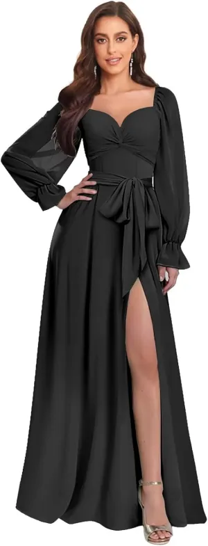 Chiffon Bridesmaid Dresses for Women with Long Sleeves Slit Sweetheart Ruched Evening Gown
