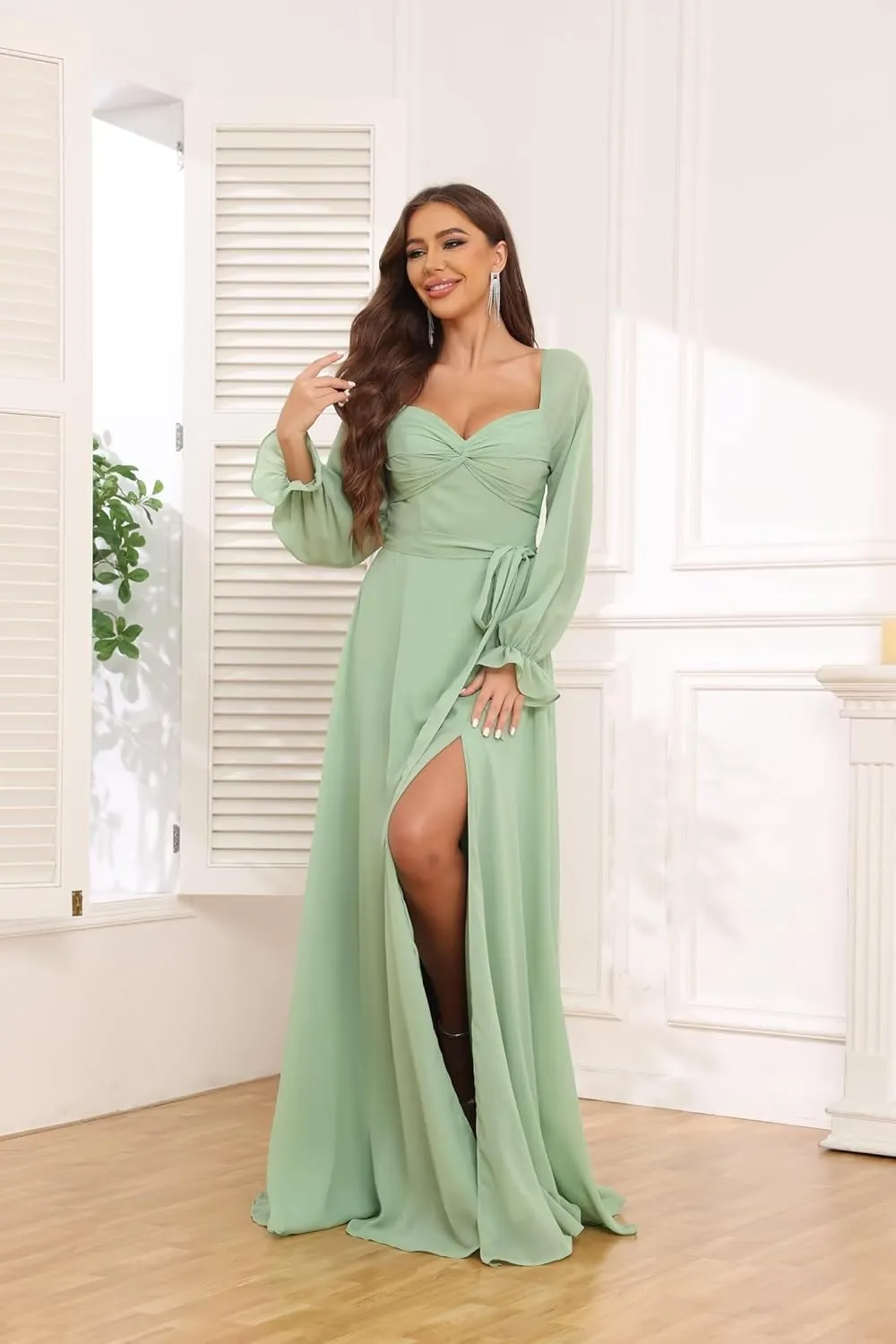 Chiffon Bridesmaid Dresses for Women with Long Sleeves Slit Sweetheart Ruched Evening Gown