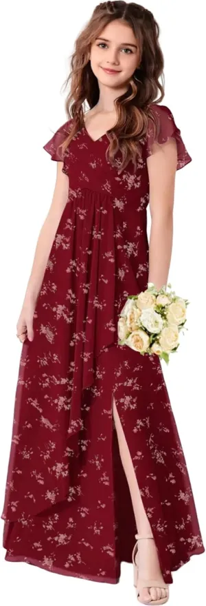 Chiffon Floral Junior Bridesmaid Dresses for Girls Ruffle Sleeves Party Formal Gowns Wedding V Neck Flower Girl Dress