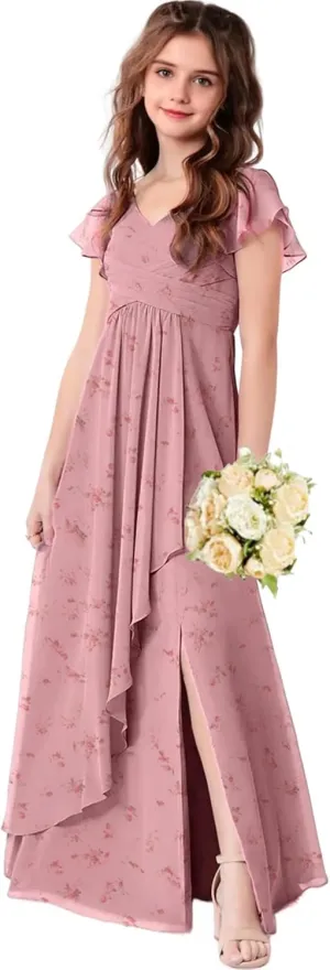Chiffon Floral Junior Bridesmaid Dresses for Girls Ruffle Sleeves Party Formal Gowns Wedding V Neck Flower Girl Dress