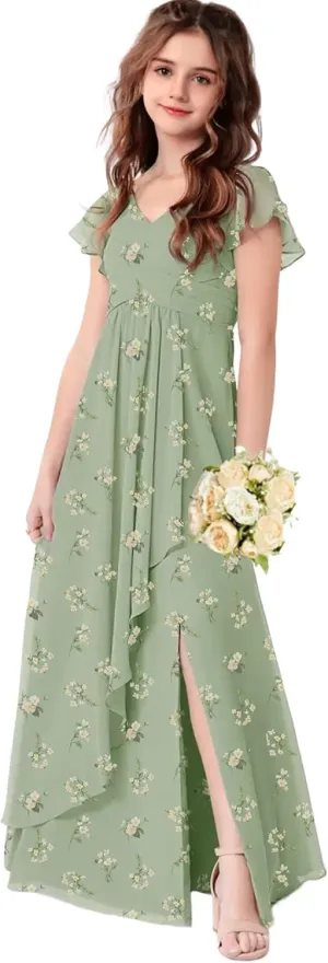 Chiffon Floral Junior Bridesmaid Dresses for Girls Ruffle Sleeves Party Formal Gowns Wedding V Neck Flower Girl Dress