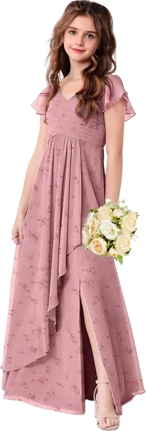 Chiffon Floral Junior Bridesmaid Dresses for Girls Ruffle Sleeves Party Formal Gowns Wedding V Neck Flower Girl Dress