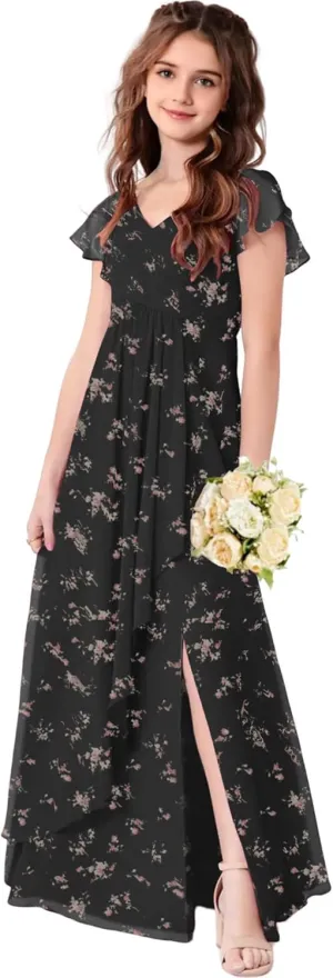 Chiffon Floral Junior Bridesmaid Dresses for Girls Ruffle Sleeves Party Formal Gowns Wedding V Neck Flower Girl Dress