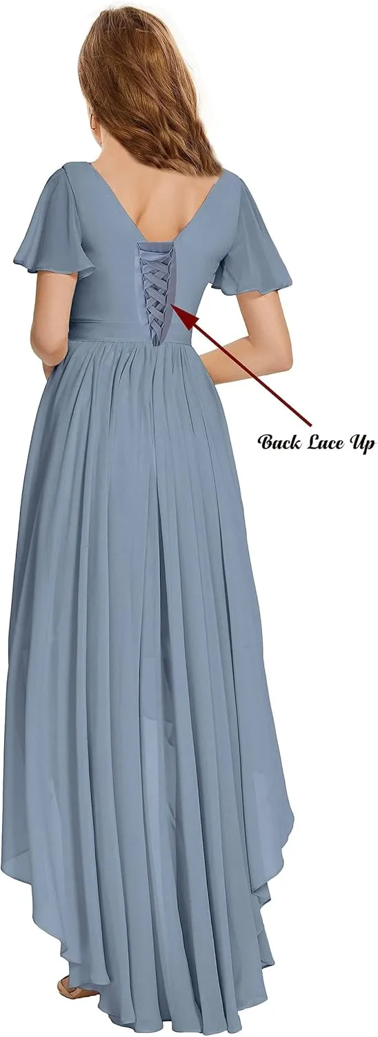 Chiffon Long Bridesmaid Dresses for Women High Low Formal Dress with Sleeves V Neck Evening Gown