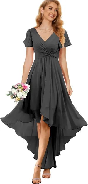 Chiffon Long Bridesmaid Dresses for Women High Low Formal Dress with Sleeves V Neck Evening Gown