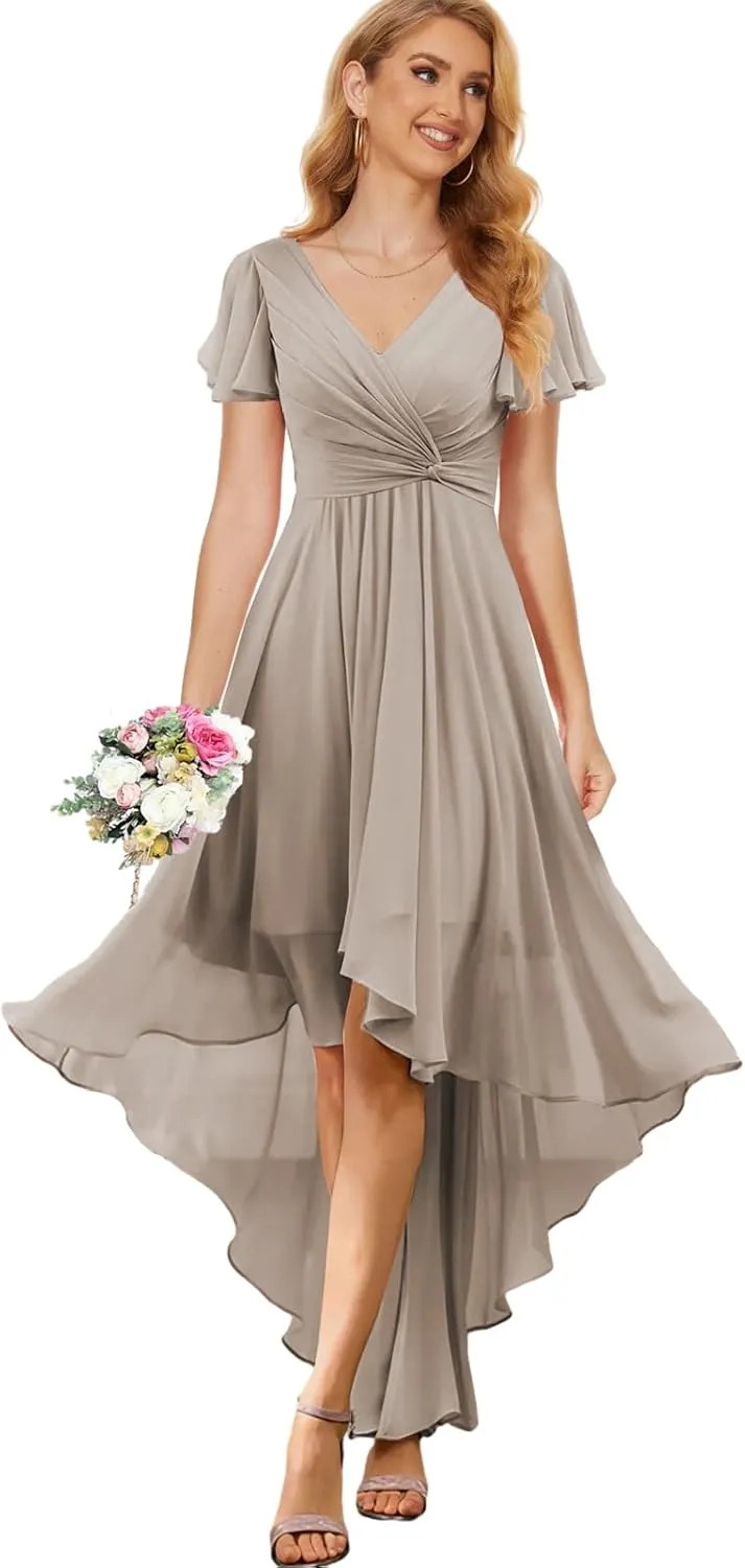 Chiffon Long Bridesmaid Dresses for Women High Low Formal Dress with Sleeves V Neck Evening Gown
