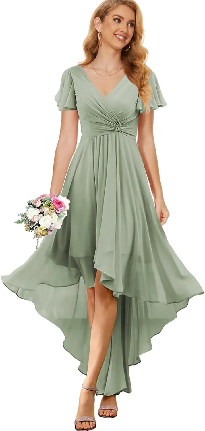Chiffon Long Bridesmaid Dresses for Women High Low Formal Dress with Sleeves V Neck Evening Gown