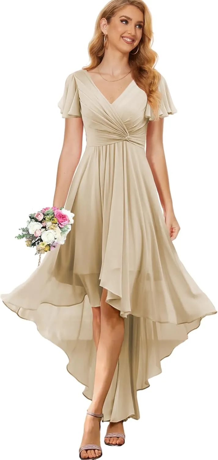 Chiffon Long Bridesmaid Dresses for Women High Low Formal Dress with Sleeves V Neck Evening Gown