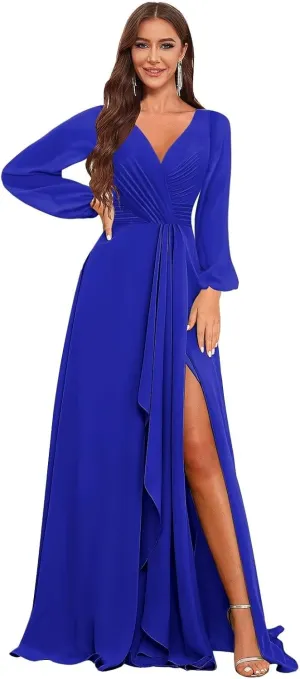 Chiffon Long Sleeve Bridesmaid Dresses for Women Long Ruffle V Neck Formal Dress Evening Gown with Slit