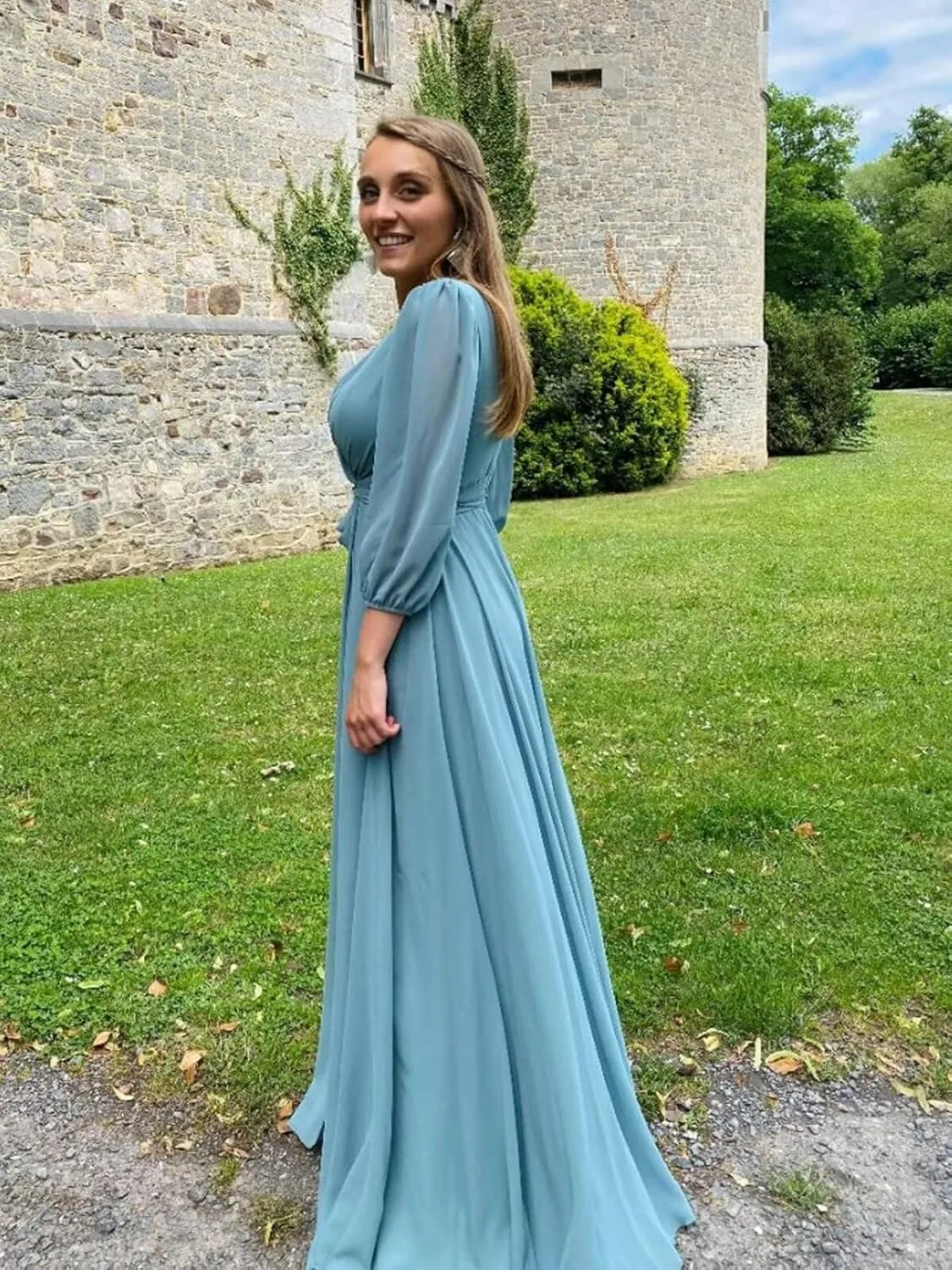 Chiffon Long Sleeve Bridesmaid Dresses for Women Long Ruffle V Neck Formal Dress Evening Gown with Slit