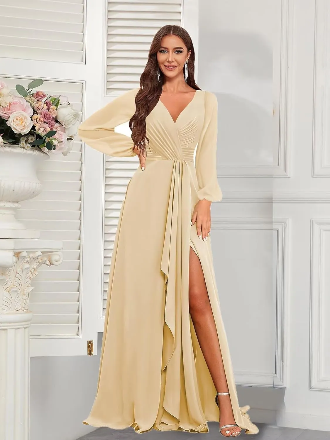 Chiffon Long Sleeve Bridesmaid Dresses for Women Long Ruffle V Neck Formal Dress Evening Gown with Slit