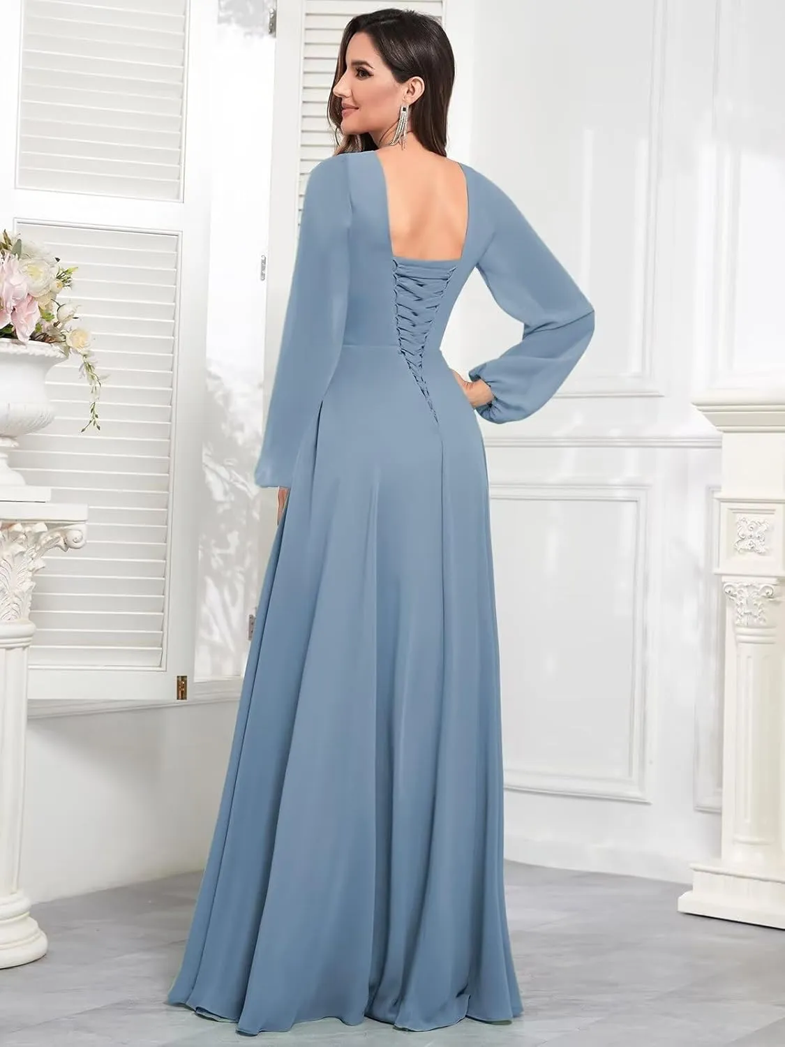 Chiffon Long Sleeve Bridesmaid Dresses for Women Long Ruffle V Neck Formal Dress Evening Gown with Slit
