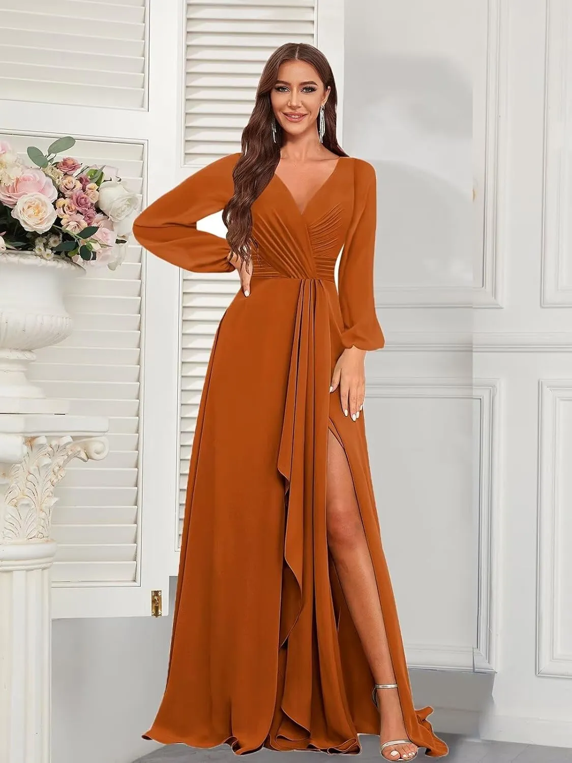 Chiffon Long Sleeve Bridesmaid Dresses for Women Long Ruffle V Neck Formal Dress Evening Gown with Slit