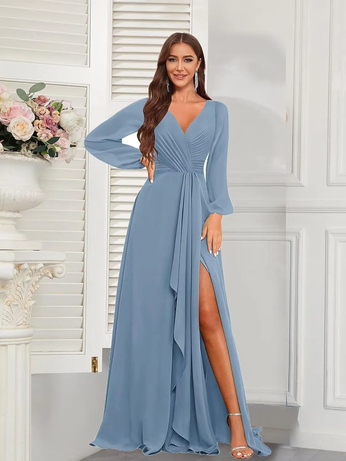 Chiffon Long Sleeve Bridesmaid Dresses for Women Long Ruffle V Neck Formal Dress Evening Gown with Slit