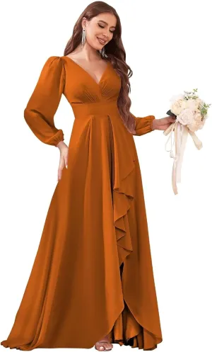 Chiffon Long Sleeve Bridesmaid Dresses for Women Long Ruffle V Neck Formal Evening Gown with Slit