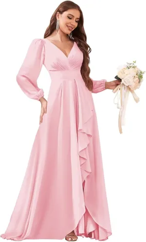 Chiffon Long Sleeve Bridesmaid Dresses for Women Long Ruffle V Neck Formal Evening Gown with Slit