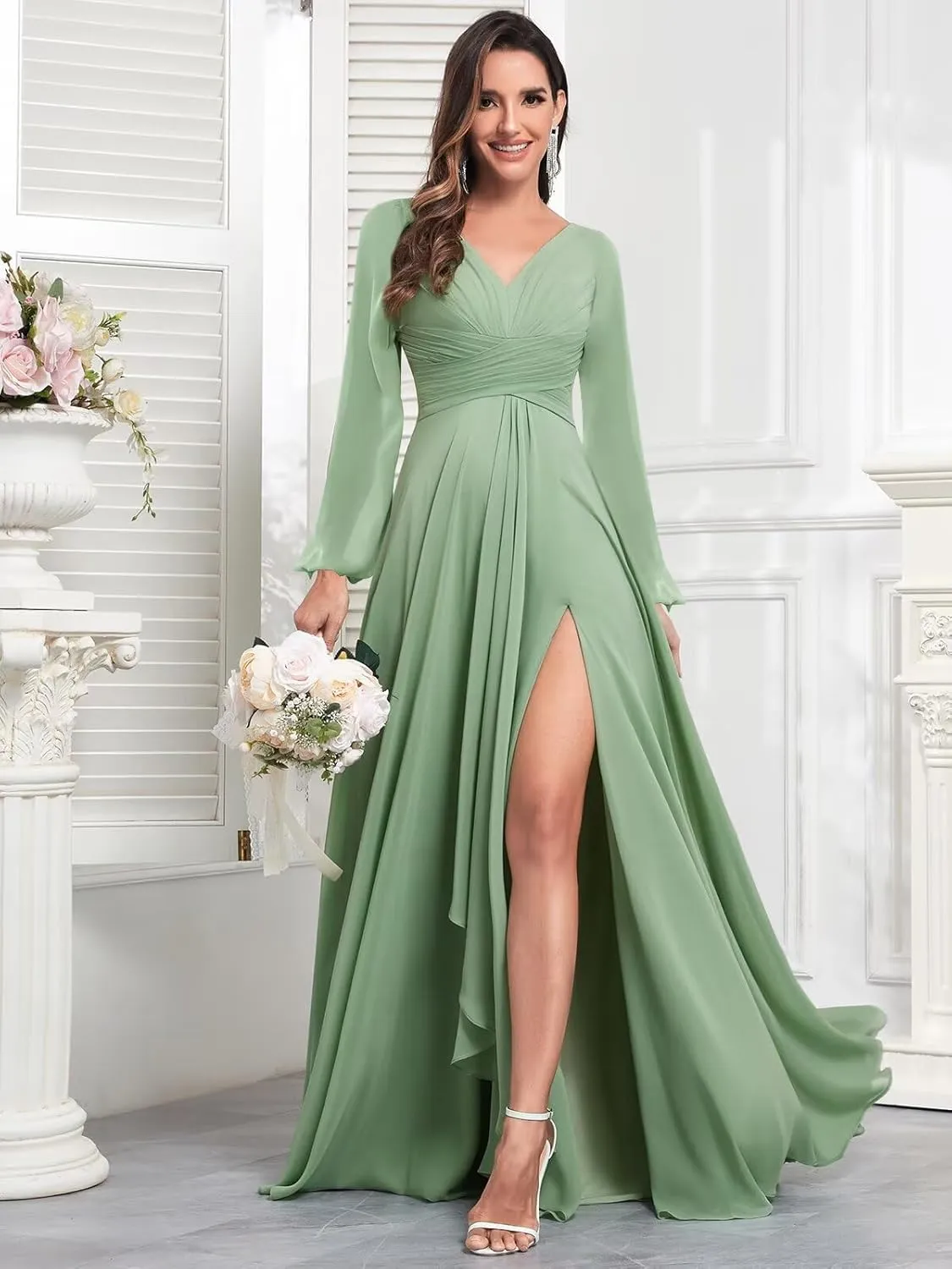 Chiffon Long Sleeve Bridesmaid Dresses with Pockets Long Pleated V Neck Formal Evening Gown for Women