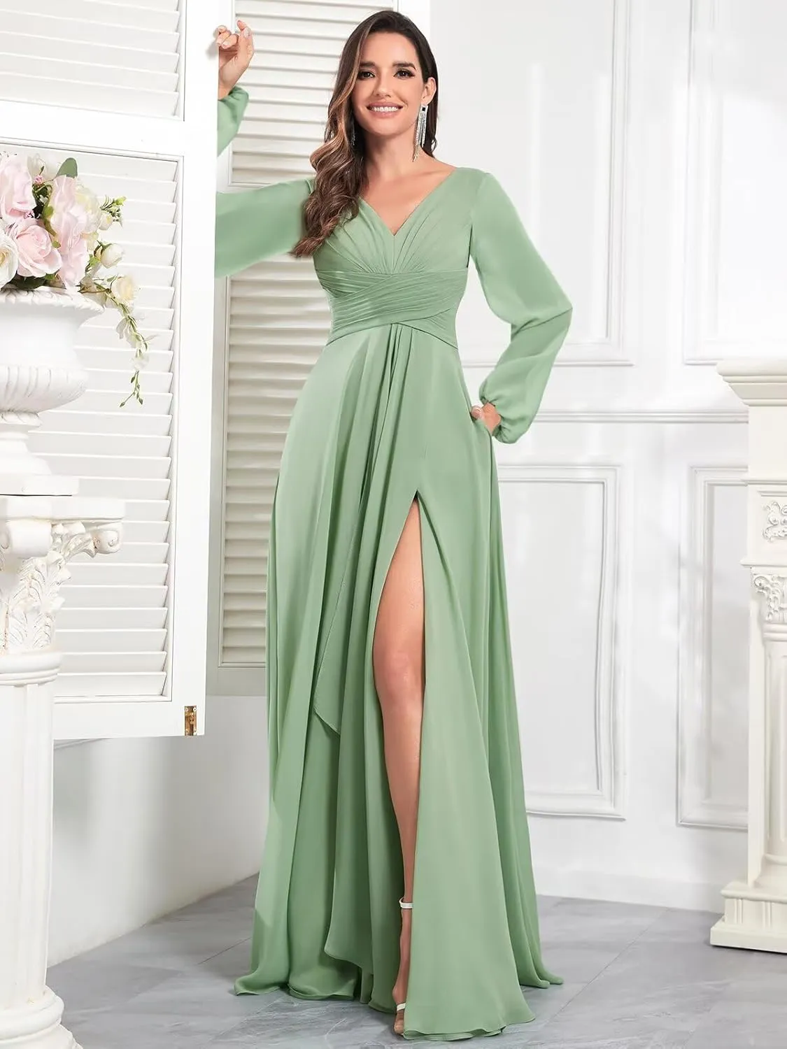 Chiffon Long Sleeve Bridesmaid Dresses with Pockets Long Pleated V Neck Formal Evening Gown for Women
