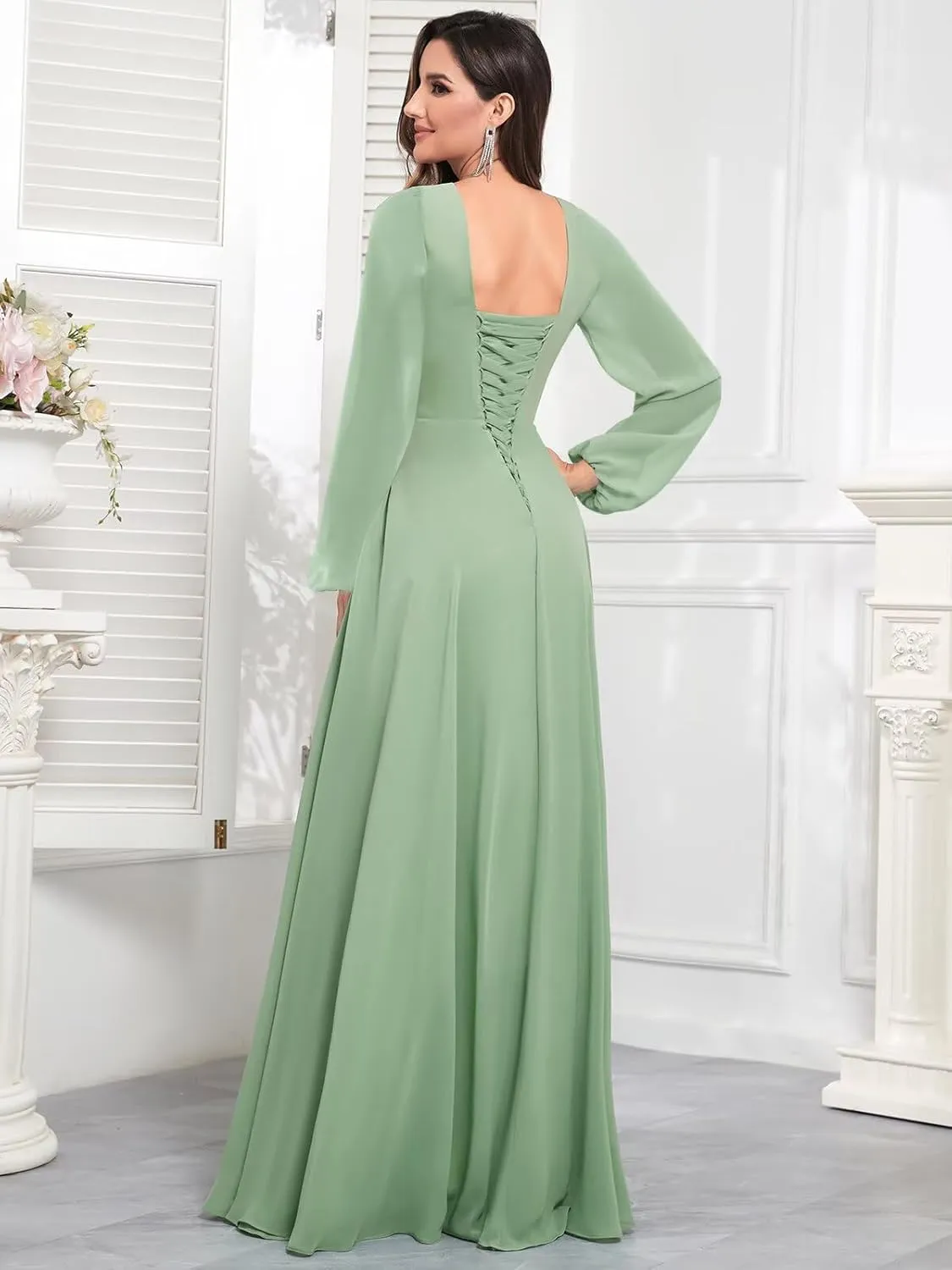 Chiffon Long Sleeve Bridesmaid Dresses with Pockets Long Pleated V Neck Formal Evening Gown for Women