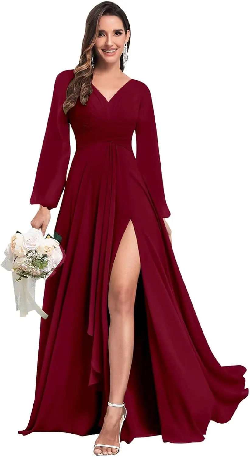 Chiffon Long Sleeve Bridesmaid Dresses with Pockets Long Pleated V Neck Formal Evening Gown for Women