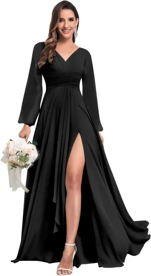 Chiffon Long Sleeve Bridesmaid Dresses with Pockets Long Pleated V Neck Formal Evening Gown for Women