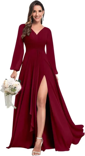 Chiffon Long Sleeve Bridesmaid Dresses with Pockets Long Pleated V Neck Formal Evening Gown for Women