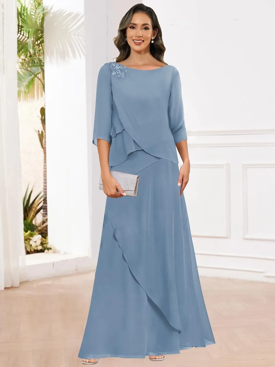 Chiffon Mother of The Bride Dresses for Women with Sleeves Lace Long Evening Gowns