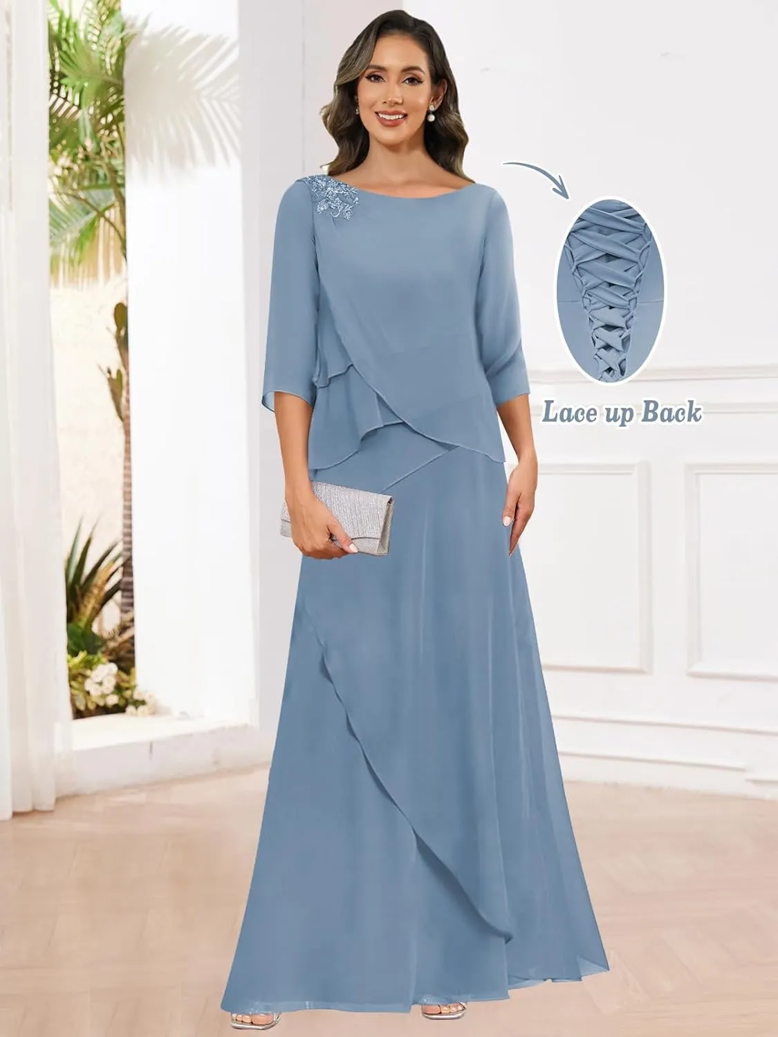 Chiffon Mother of The Bride Dresses for Women with Sleeves Lace Long Evening Gowns
