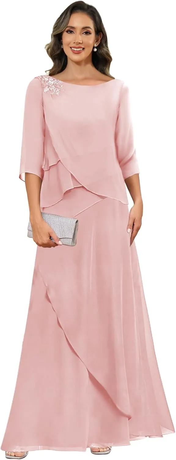 Chiffon Mother of The Bride Dresses for Women with Sleeves Lace Long Evening Gowns