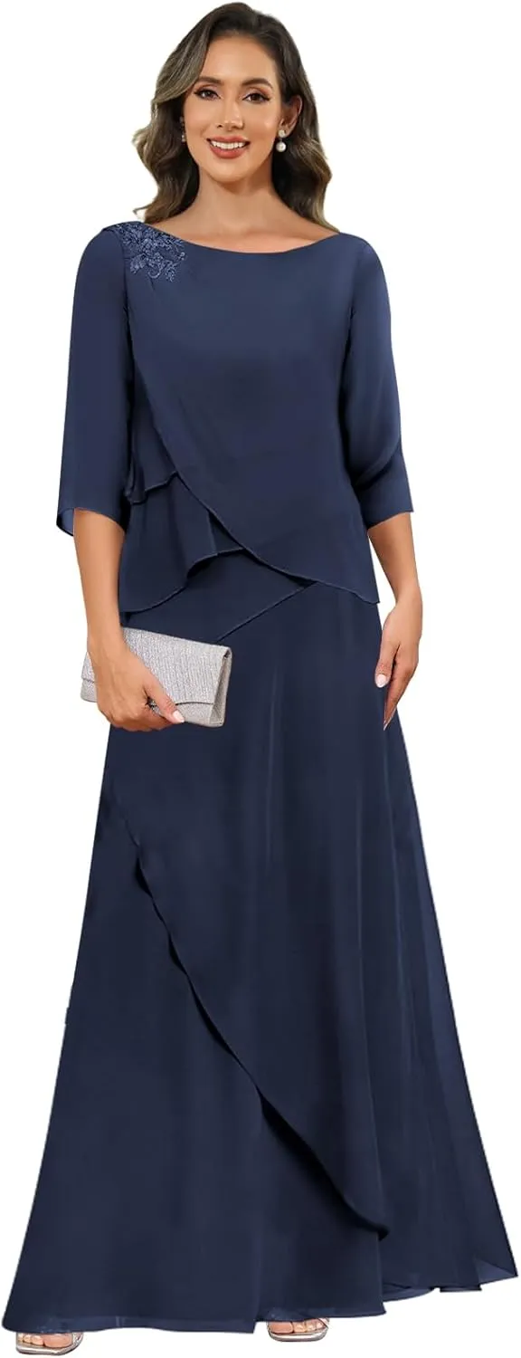Chiffon Mother of The Bride Dresses for Women with Sleeves Lace Long Evening Gowns