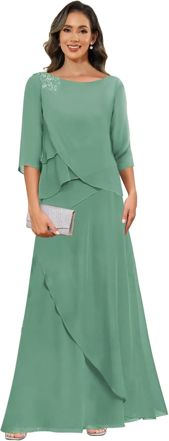 Chiffon Mother of The Bride Dresses for Women with Sleeves Lace Long Evening Gowns