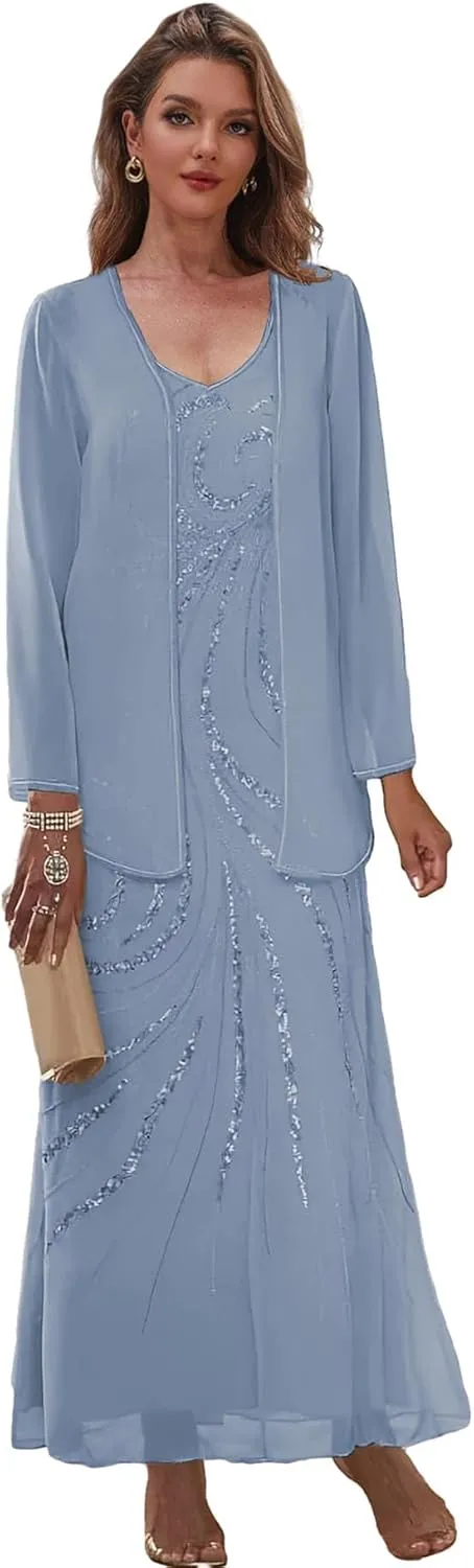 Chiffon Sequin Mother of The Bride Dresses for Wedding 2 Pieces Long Formal Evening Dress with Jacket