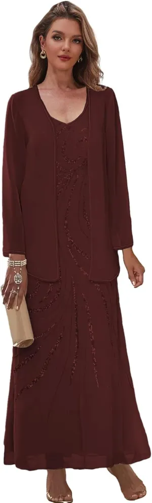 Chiffon Sequin Mother of The Bride Dresses for Wedding 2 Pieces Long Formal Evening Dress with Jacket